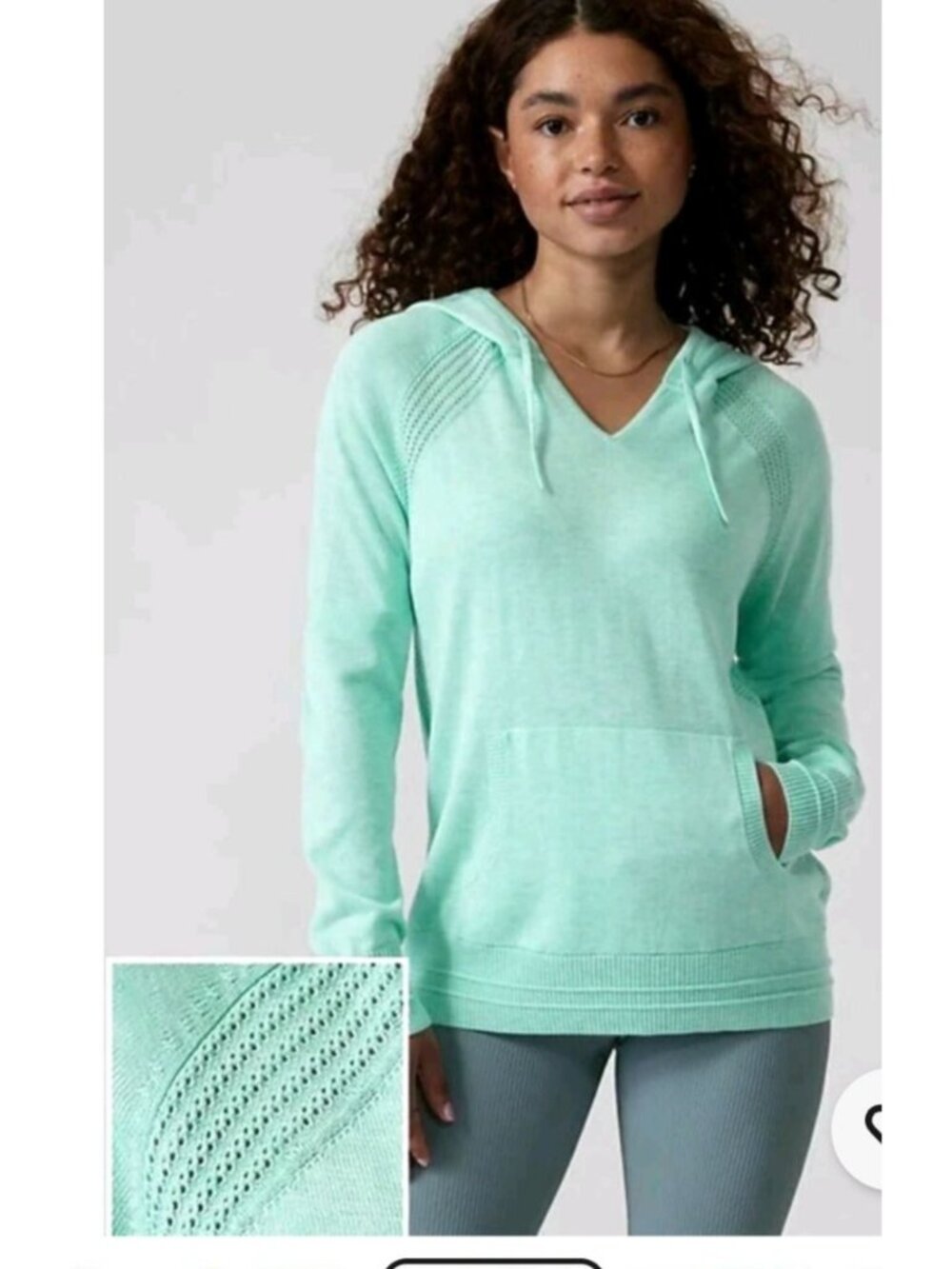 Athleta Evergreen Hoodie Sweater Mint Green Medium Knit V-Neck Kangaroo Pocket
